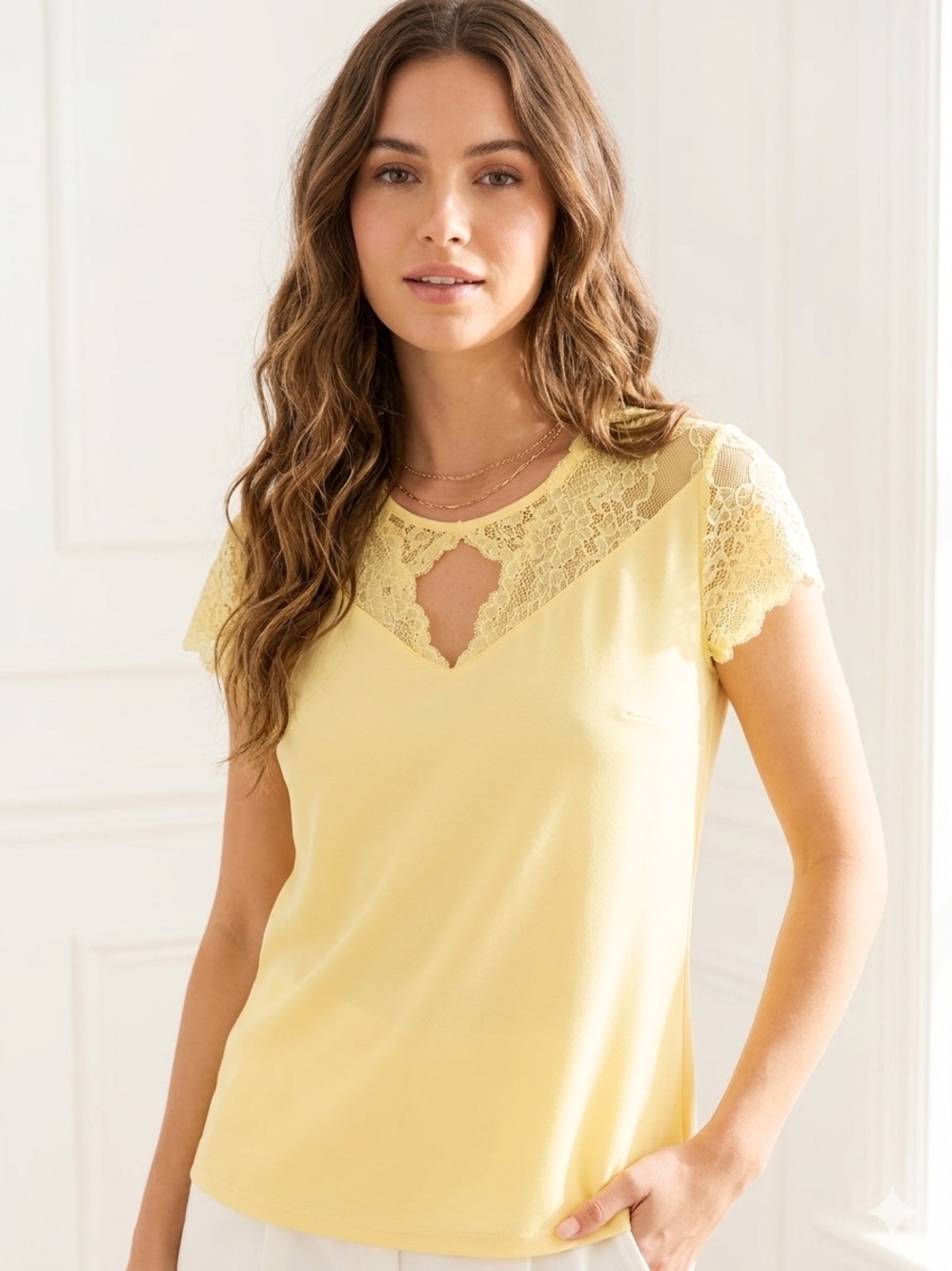 SOLD Suzy Shier Yellow Lace-Trim Short Sleeve Top